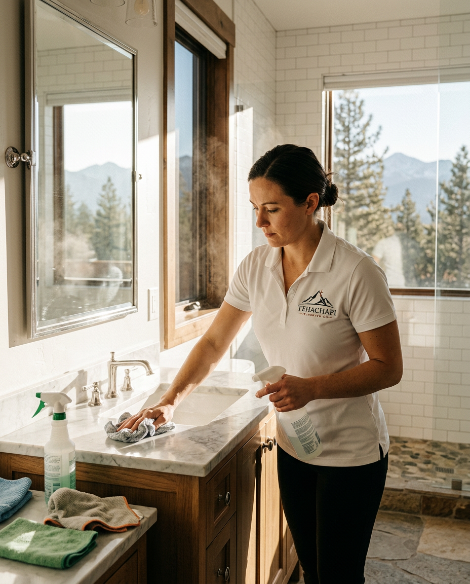 Tehachapi Cleaning Co. team member in a white branded polo polishing a mountain-home bathroom vanity