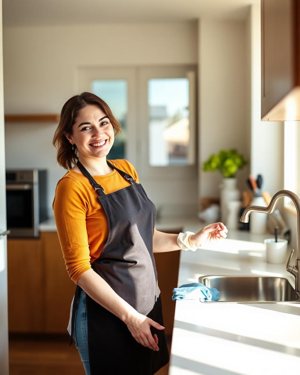 Tehachapi Cleaning Co. team member smiling in a sunlit kitchen