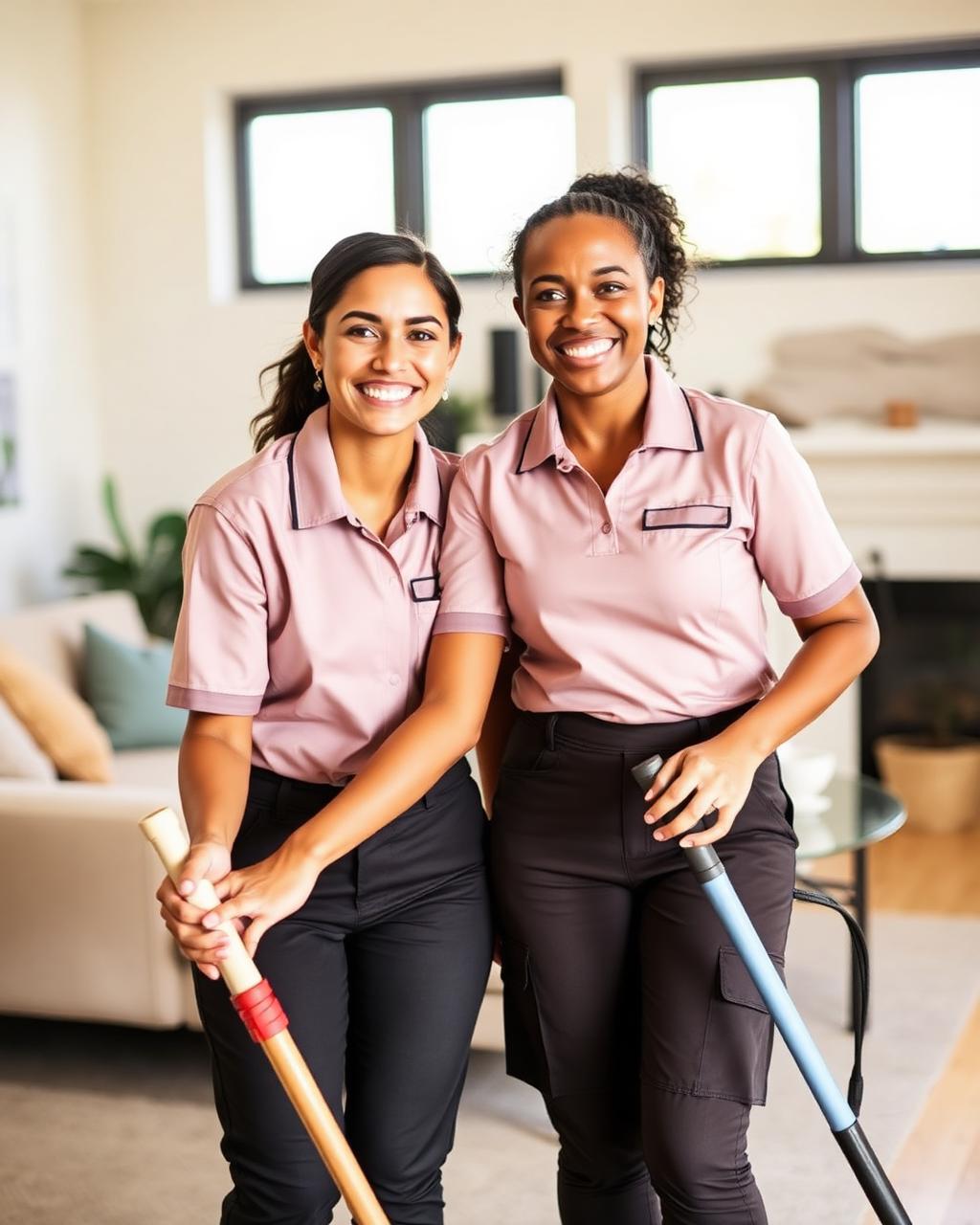 Two Tehachapi Cleaning Co. crew members ready to clean a living room